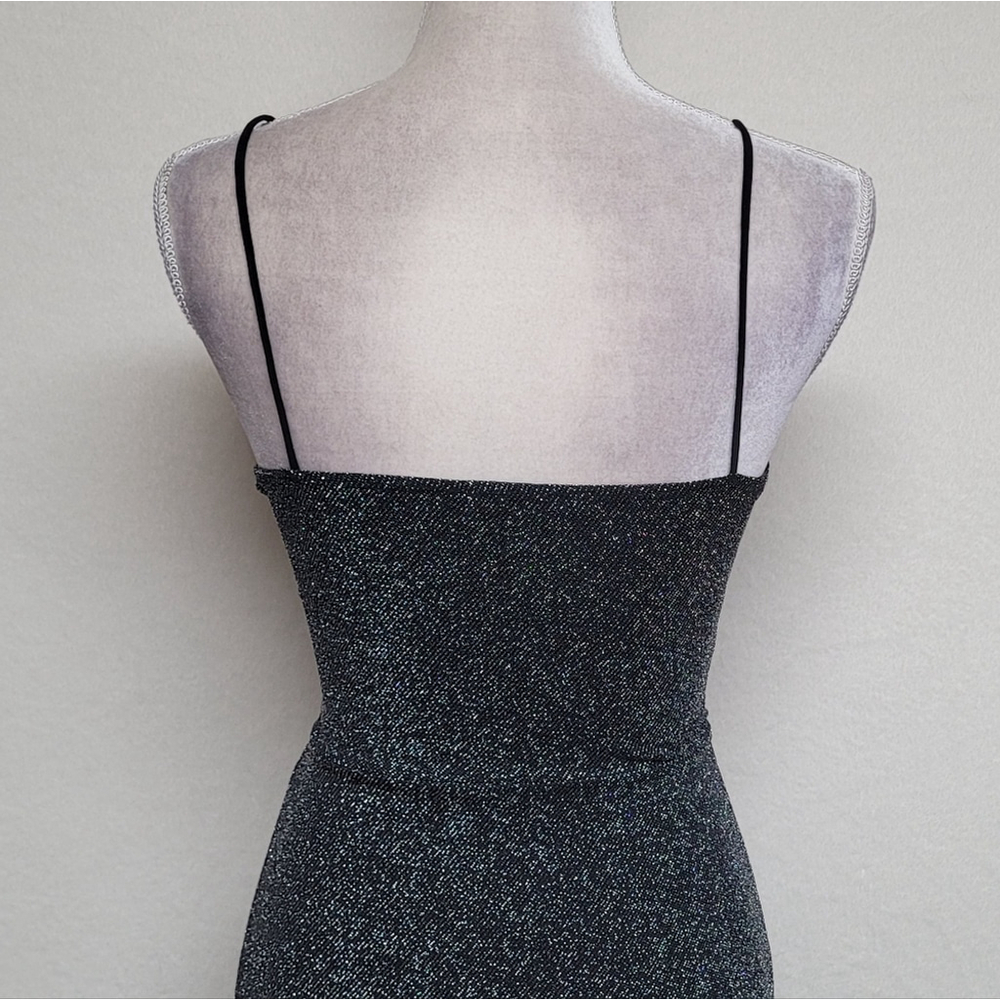 90s Vintage Mind Code Black Metallic Knit V-neck Thigh High Slit Maxi Dress L - Picture 7 of 11